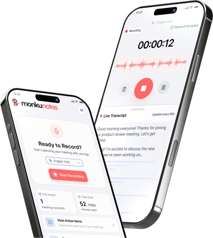 monkunotes on two iPhones — one ready to record, the other mid-recording with a live transcript